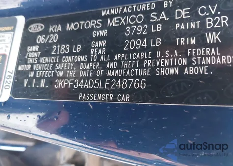 2020 Kia Forte Gt-Line из США, поврежденный, VIN 3KPF34AD5LE248766